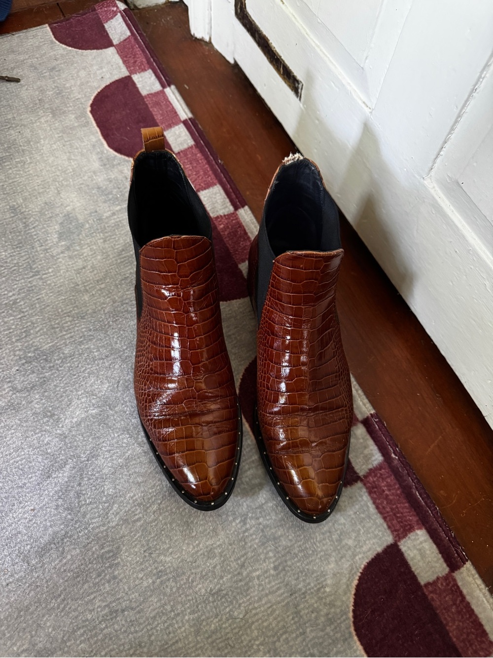 Freda Salvador Brown Croc Embossed Leather Chelsea Boots Pointed Toe 9 - Picture 3 of 10